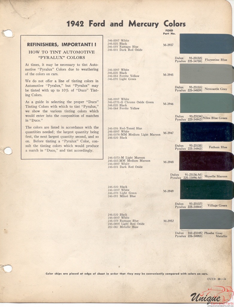 1942 Ford Paint Charts DuPont 1